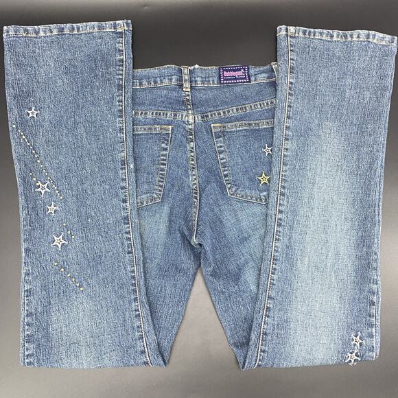 Vtg Y2K Bubblegum Jeans Womens 3/4 Flare Gold Silver Embroidered Stars Low Rise - Picture 2 of 8